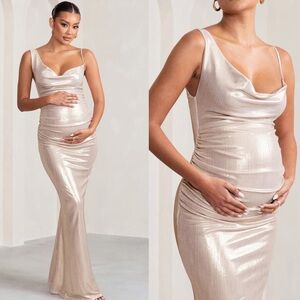 Metallic Cowl Neck Maternity Gown - Champagne